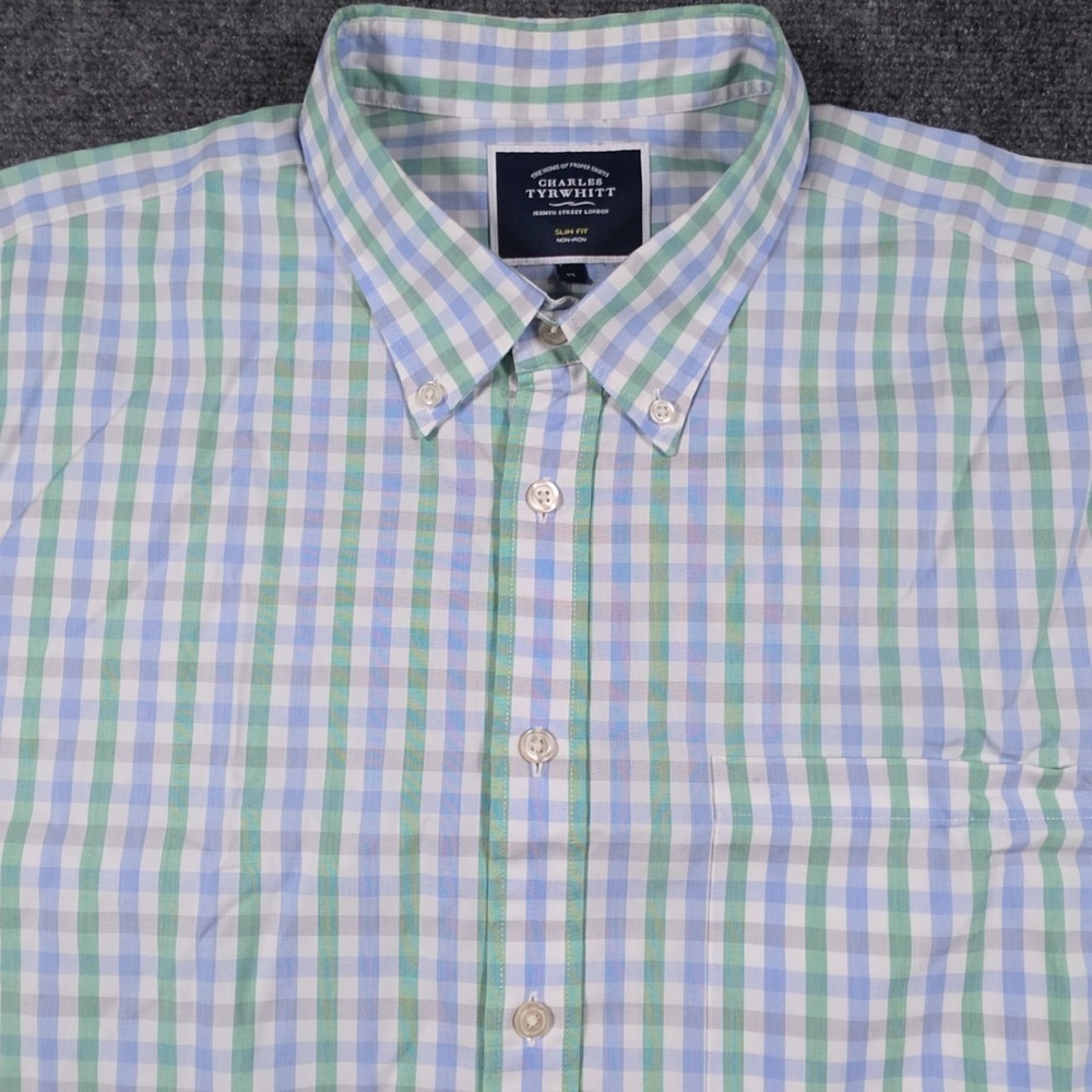 Charles Tyrwhitt Shirt Mens XL Plaid Slim Fit Non-Iron Casual Button Down